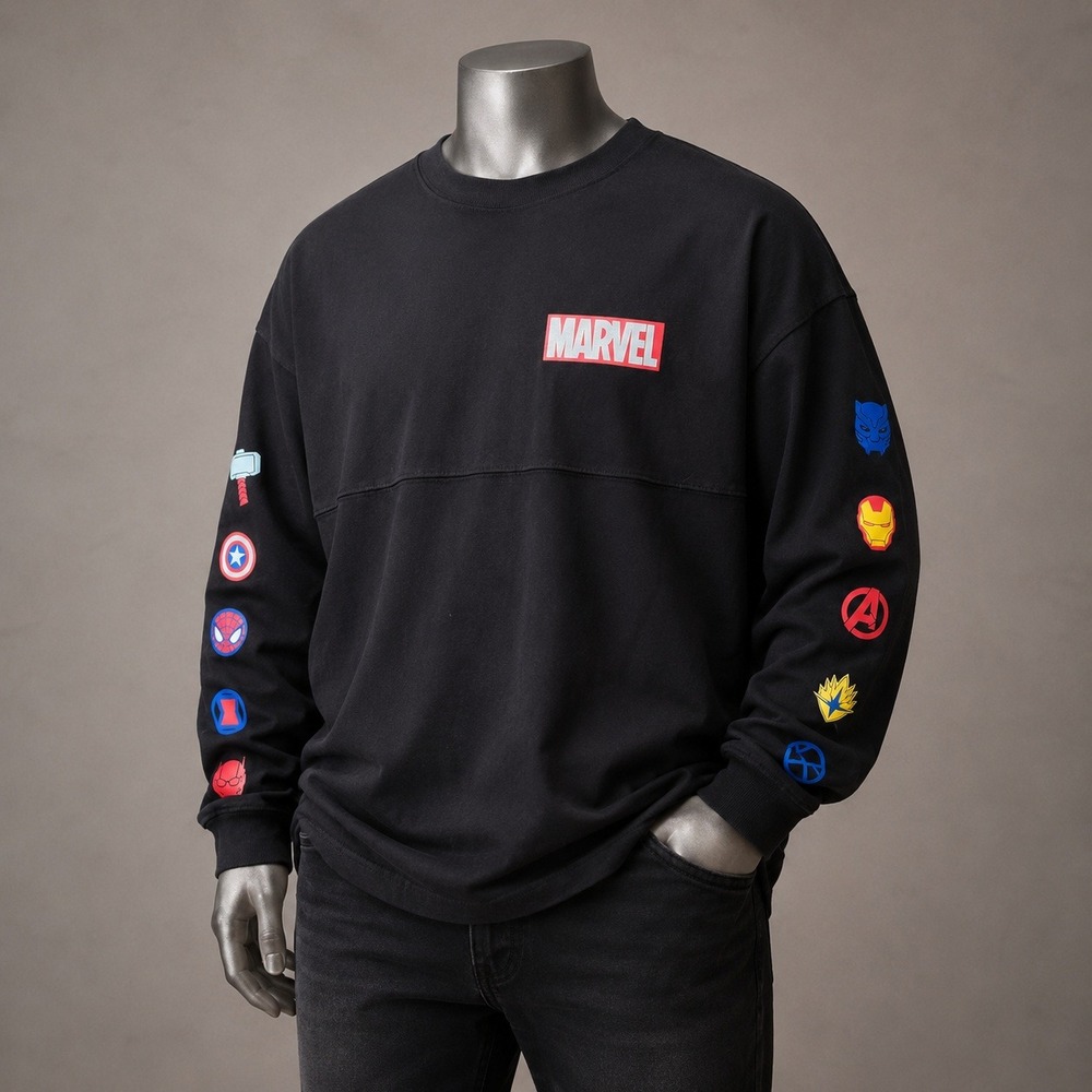 Disney Spirit Jersey Marvel Avengers‎ Black Long Sleeve Graphic Shirt Mens Small